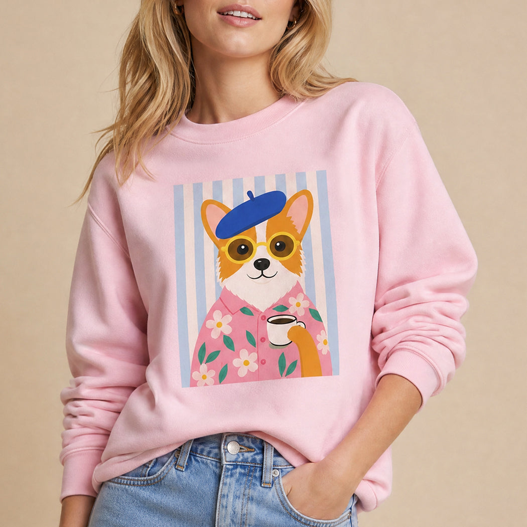 Parisian corgi coffee graphic sweatshirt in light pink