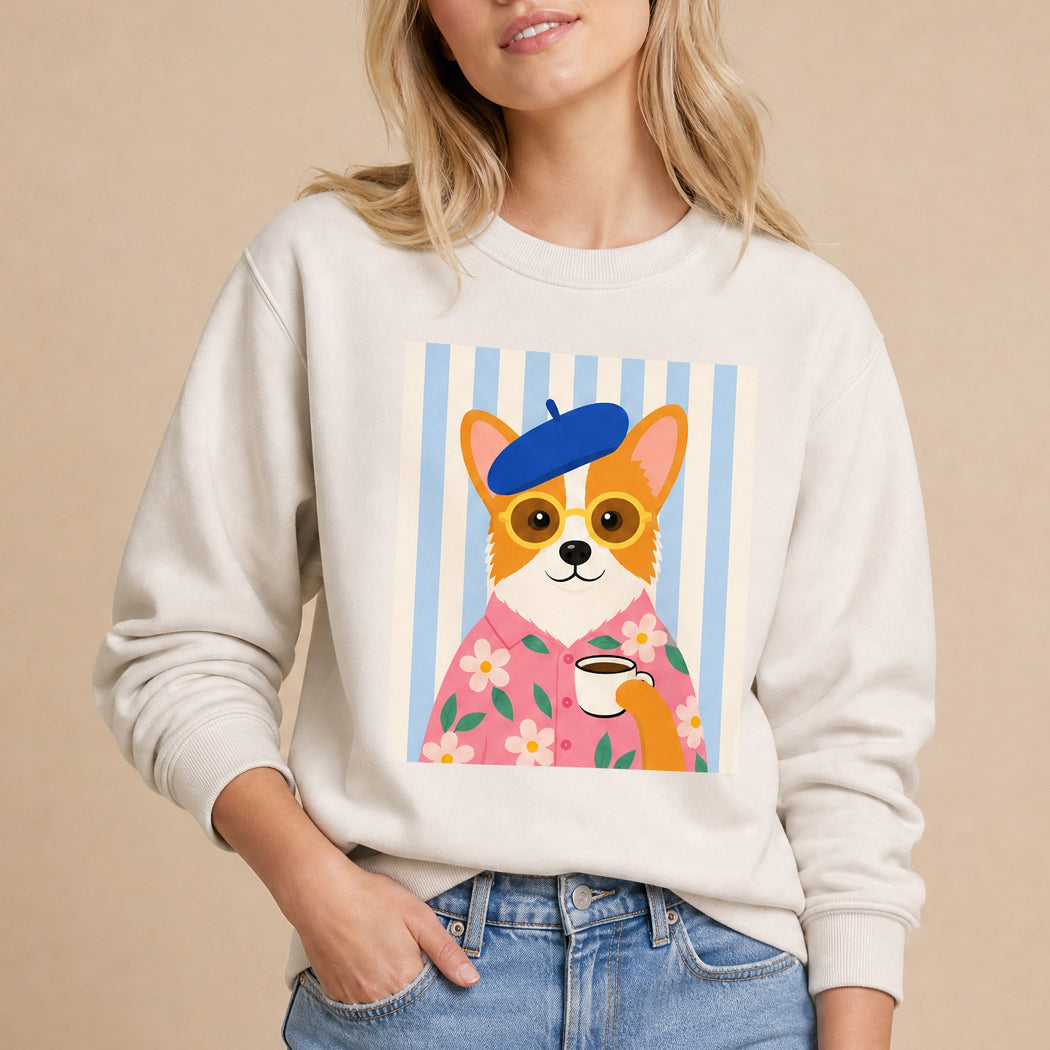 Parisian corgi coffee graphic sweatshirt in sand