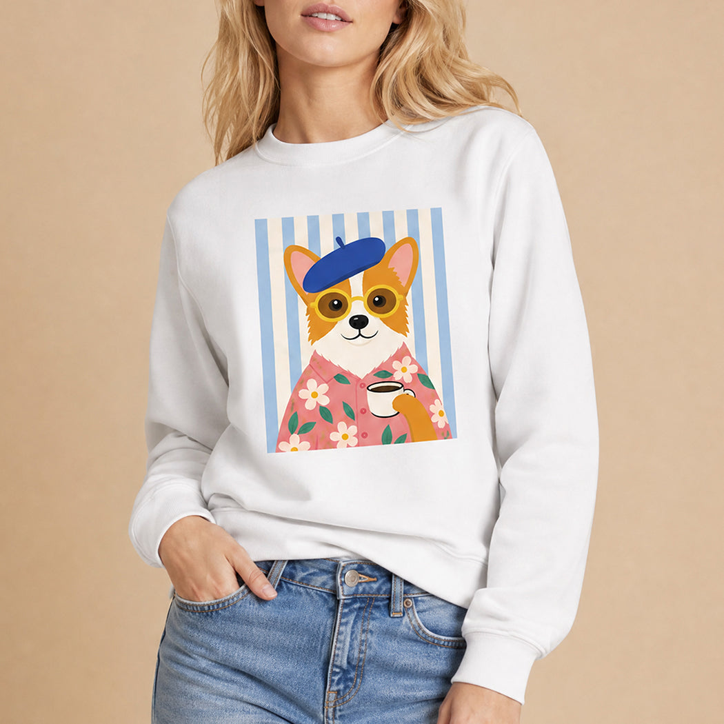 Parisian corgi coffee graphic sweatshirt in white