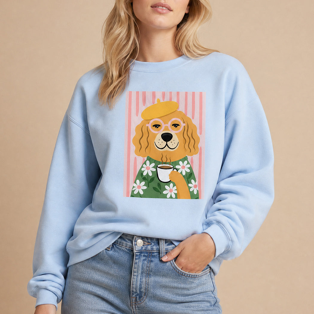 Cute Parisian dog coffee graphic sweatshirt in light blue