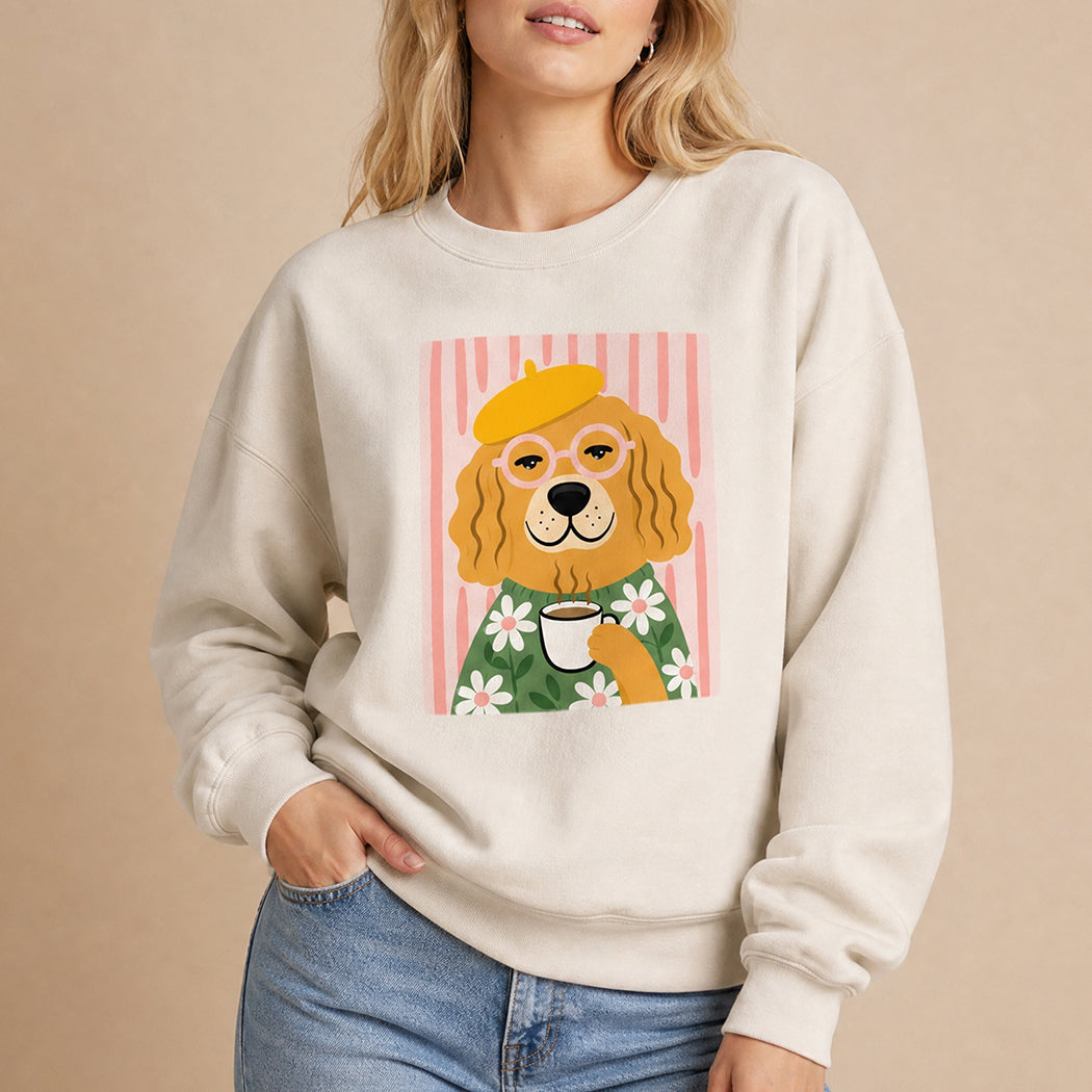 Cute Parisian dog coffee graphic sweatshirt in sand