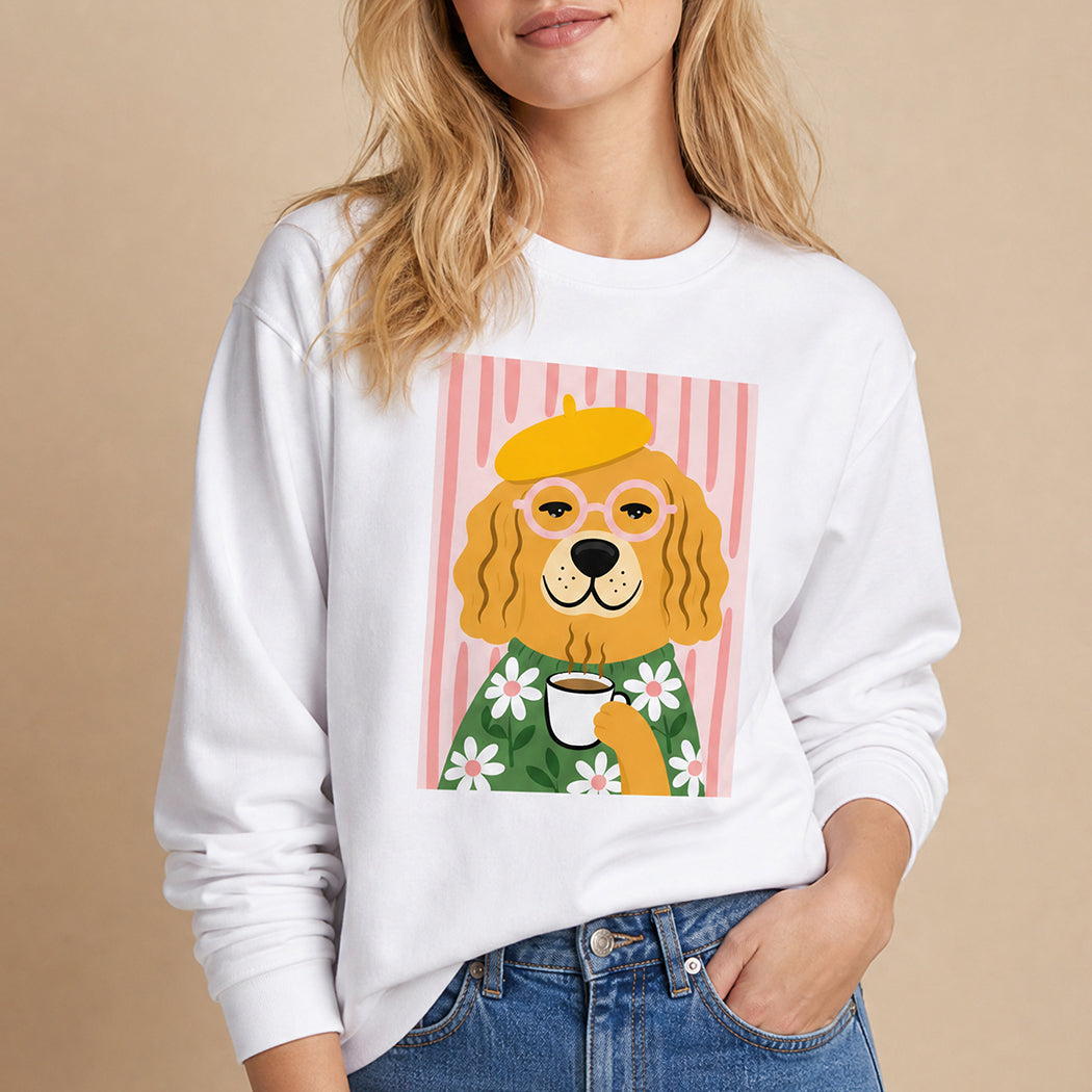 Cute Parisian dog coffee graphic sweatshirt in white, front view
