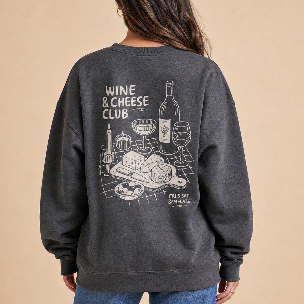 Wine and Cheese Club back print graphic sweatshirt in charcoal