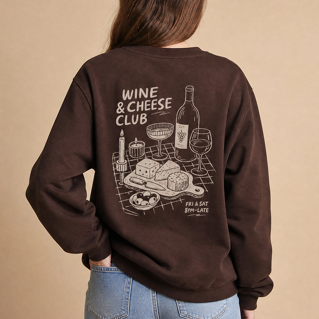 Wine and Cheese Club back print graphic sweatshirt in dark chocolate