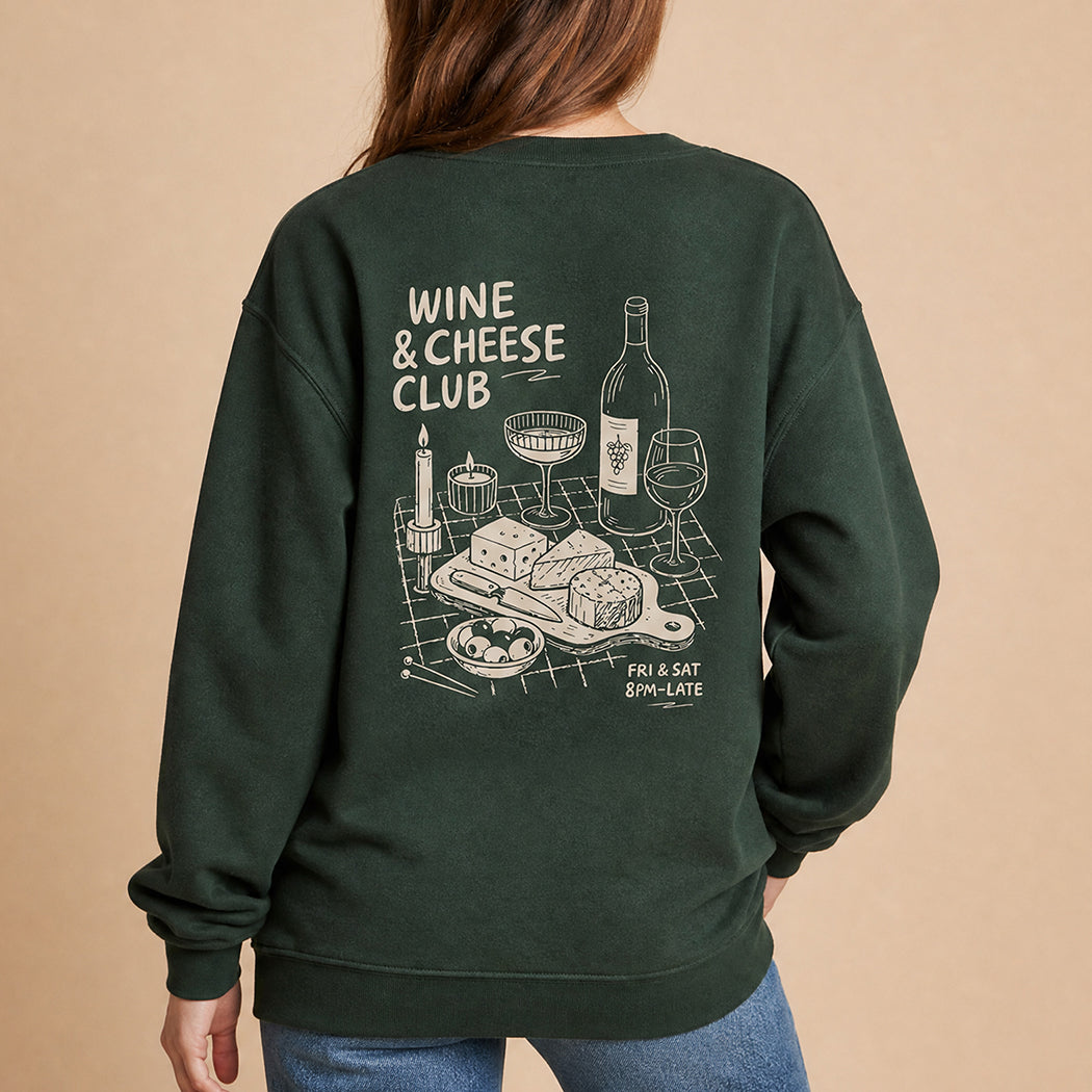 Wine and Cheese Club back print graphic sweatshirt in forest green