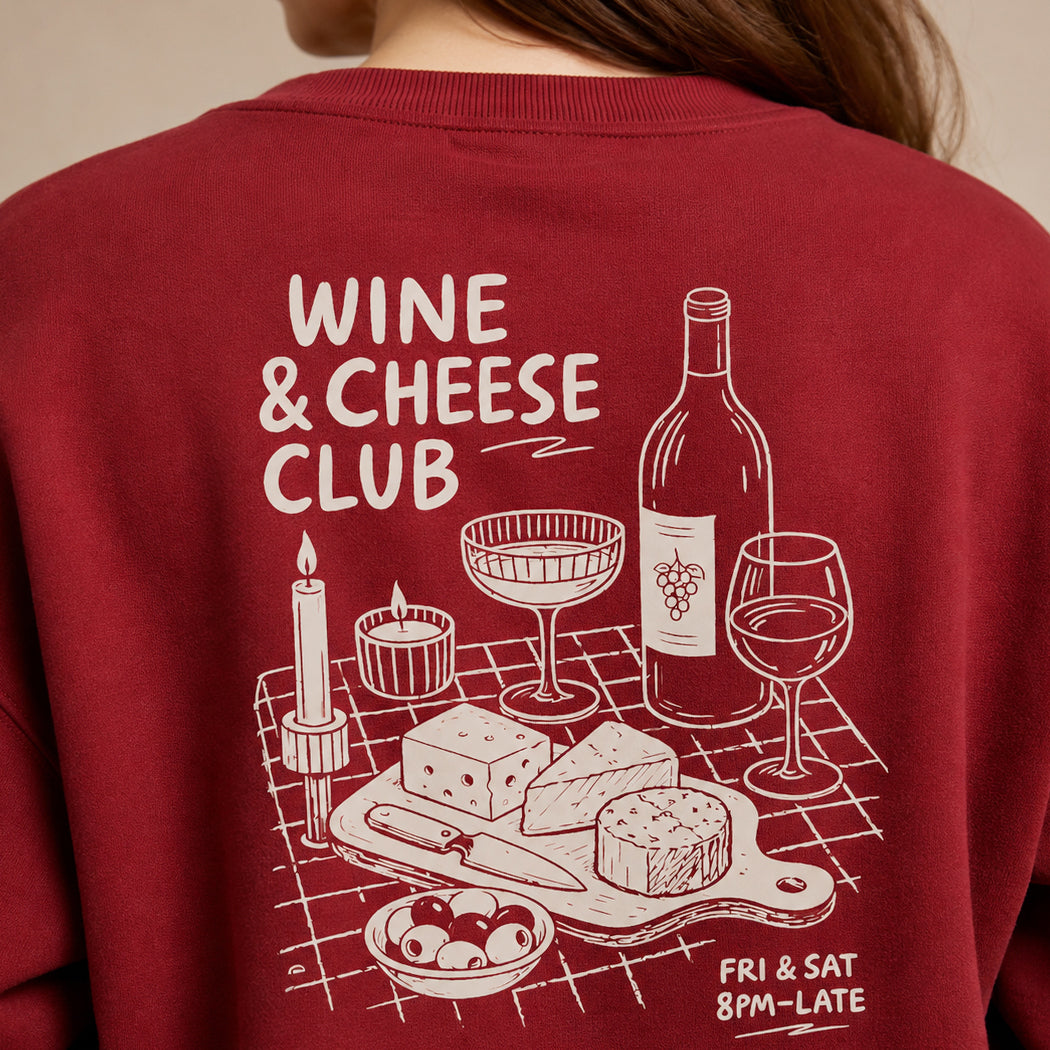 Wine and Cheese Club back print graphic sweatshirt in garnet, back view