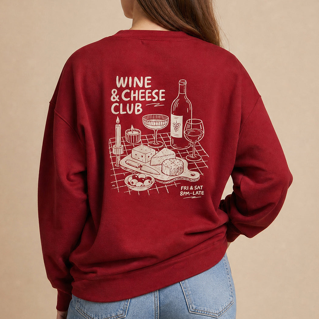 Wine and Cheese Club back print graphic sweatshirt in garnet, front view