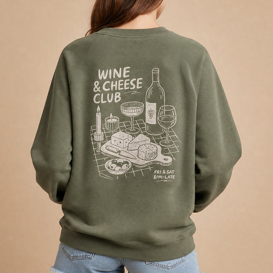 Wine and Cheese Club back print graphic sweatshirt in military green