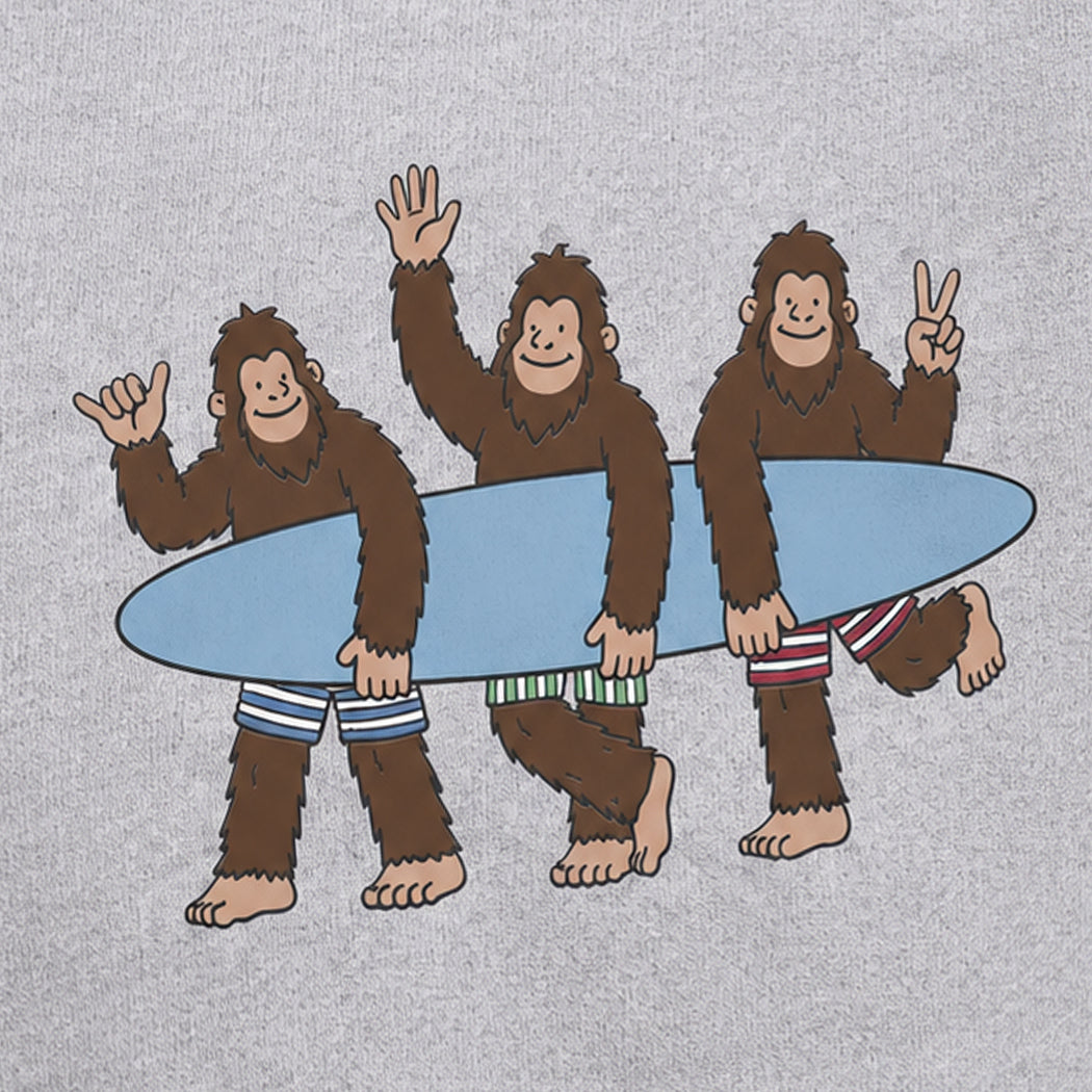 Surf Squatch Bigfoot graphic hoodie in ash grey, detail view