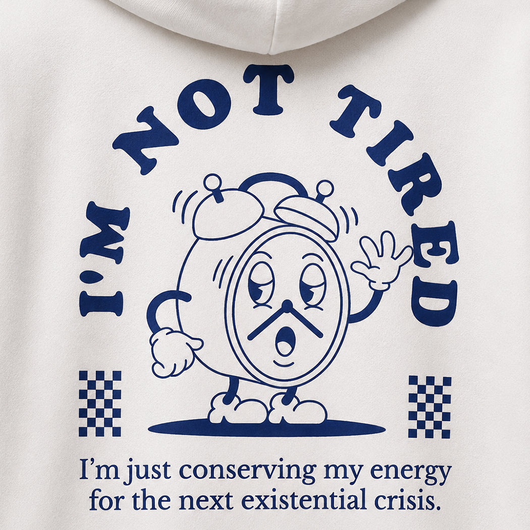 I'm Not Tired back print graphic sweatshirt in white, back view