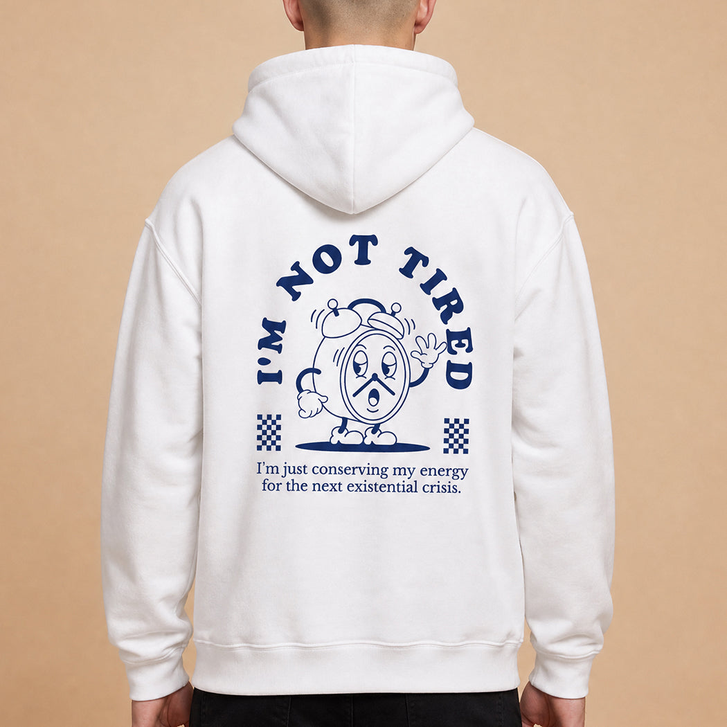 I'm Not Tired back print graphic sweatshirt in white, front view