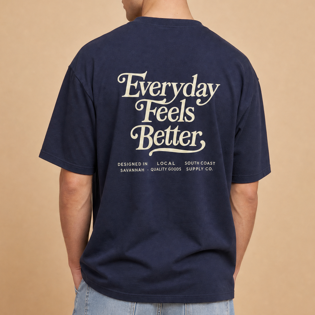 Everyday Feels Better graphic t-shirt in navy, front view