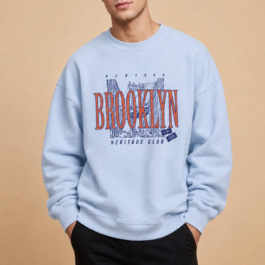 Brooklyn Heritage Club graphic sweatshirt in light blue, front view