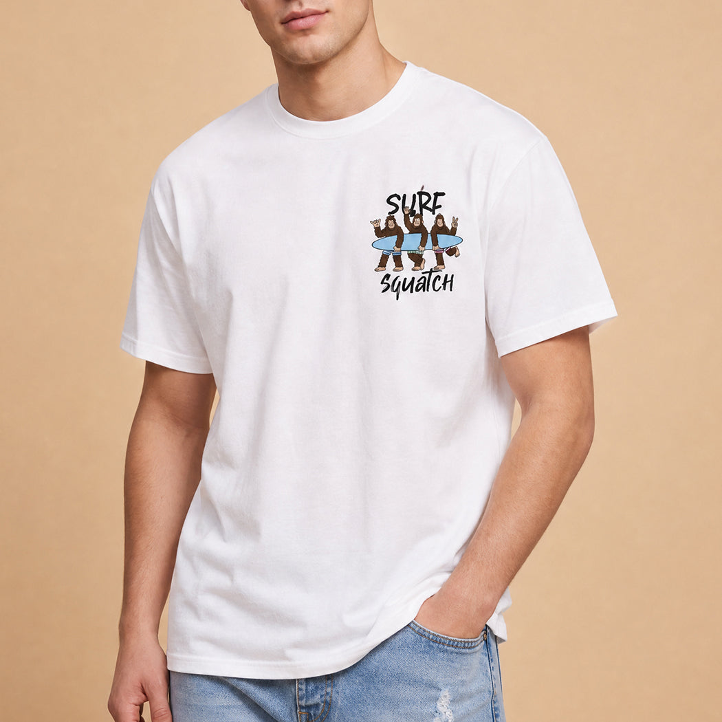 Surf Squatch Bigfoot graphic t-shirt in white, front view