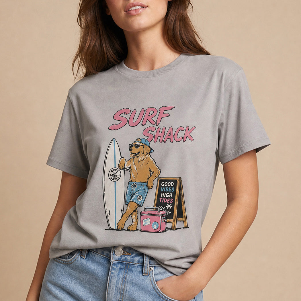 Surf Shack dog graphic t-shirt in gravel grey