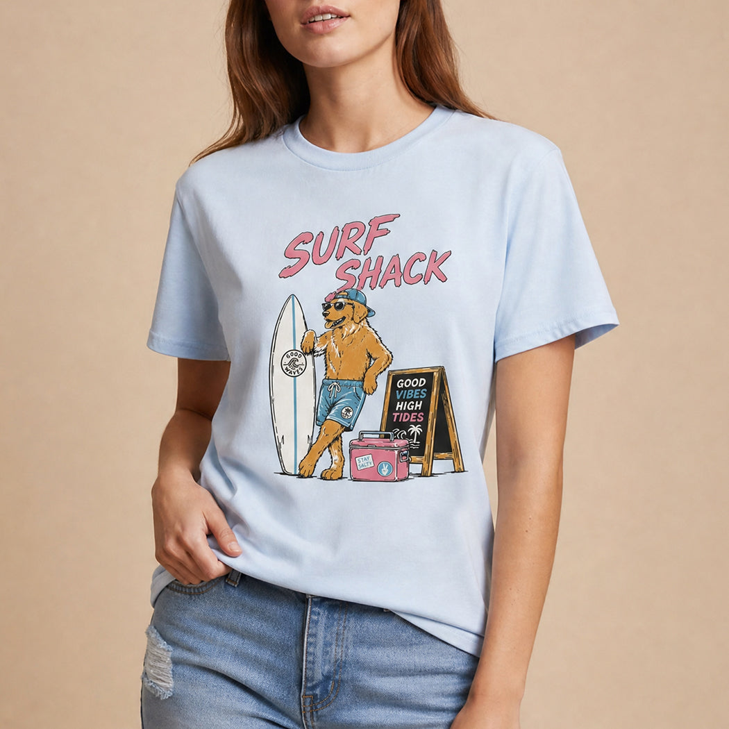 Surf Shack dog graphic t-shirt in light blue, front view