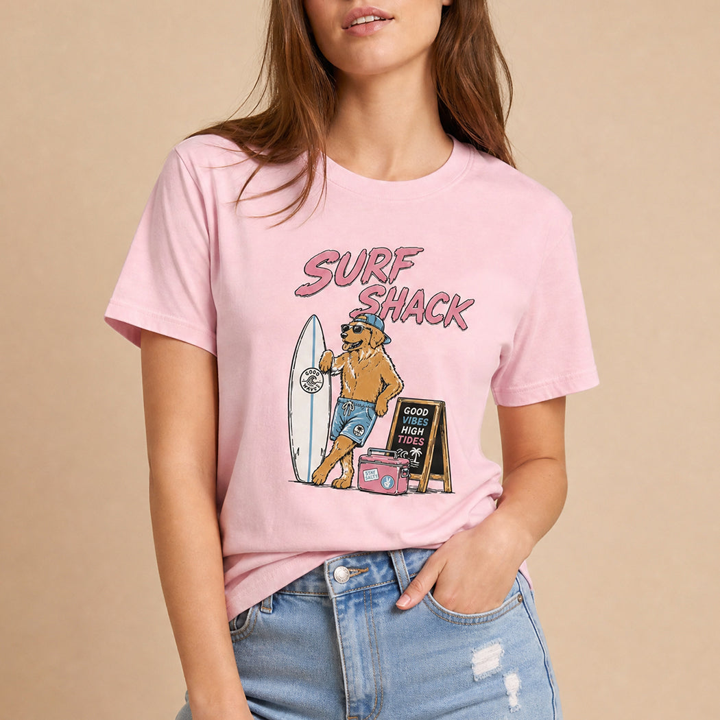 Surf Shack dog graphic t-shirt in light pink