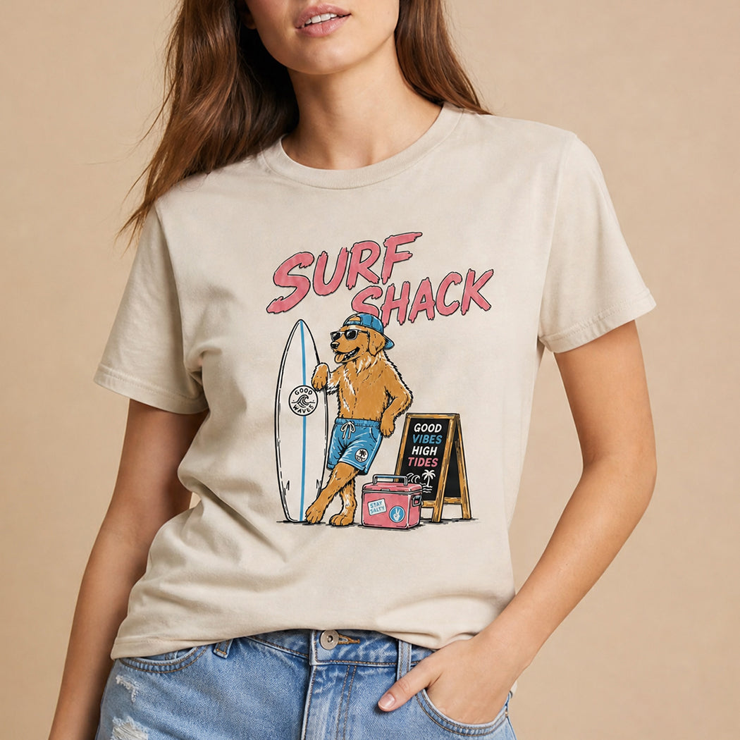 Surf Shack dog graphic t-shirt in sand