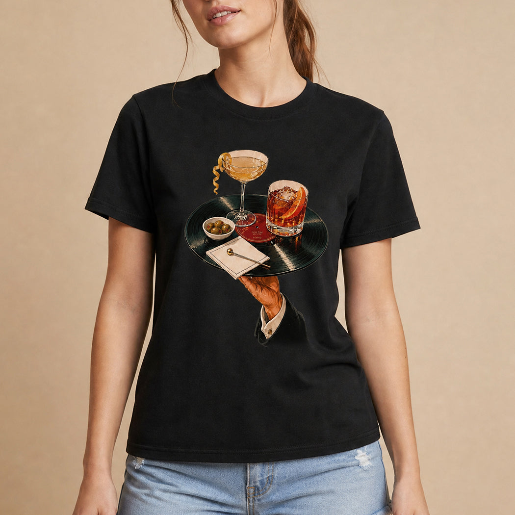 Vintage vinyl record and cocktail graphic t-shirt in black