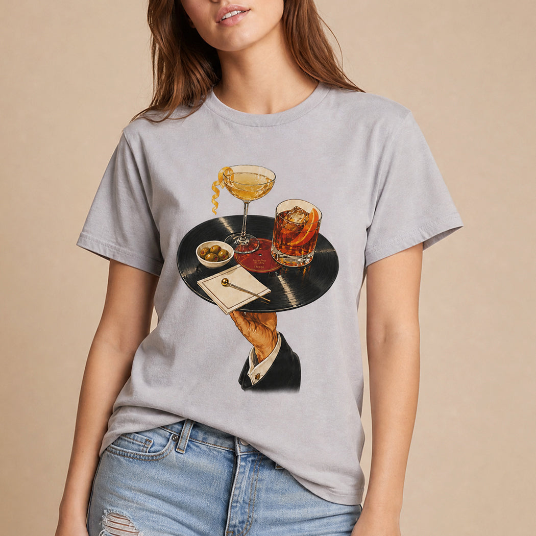 Vintage vinyl record and cocktail graphic t-shirt in gravel grey, front view
