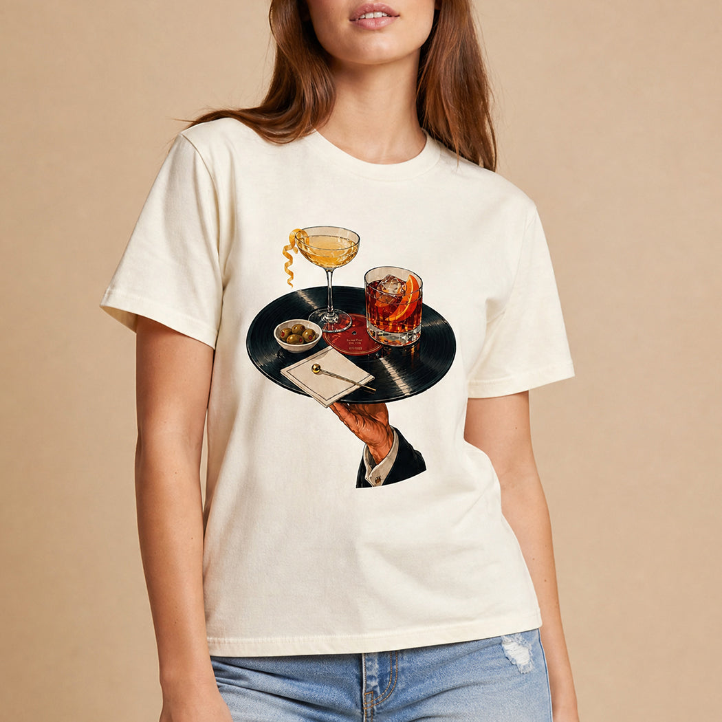 Vintage vinyl record and cocktail graphic t-shirt in off-white