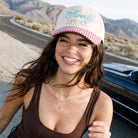 Howdy Summer embroidered gingham brim trucker hat, styled view