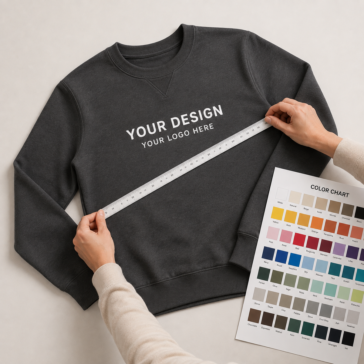 Custom sweatshirt mockup with a logo placement guide and a fabric color chart