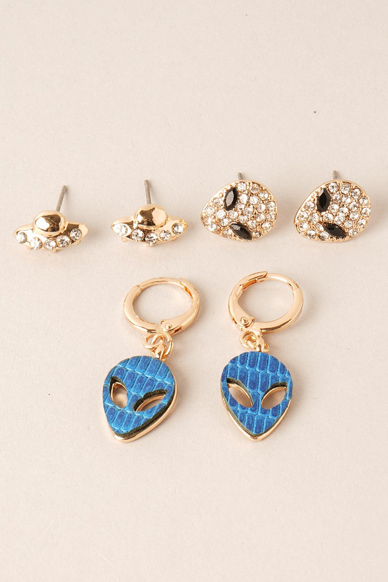 3Pairs- Multi UFO Alien Earrings Set - Fashion CITY