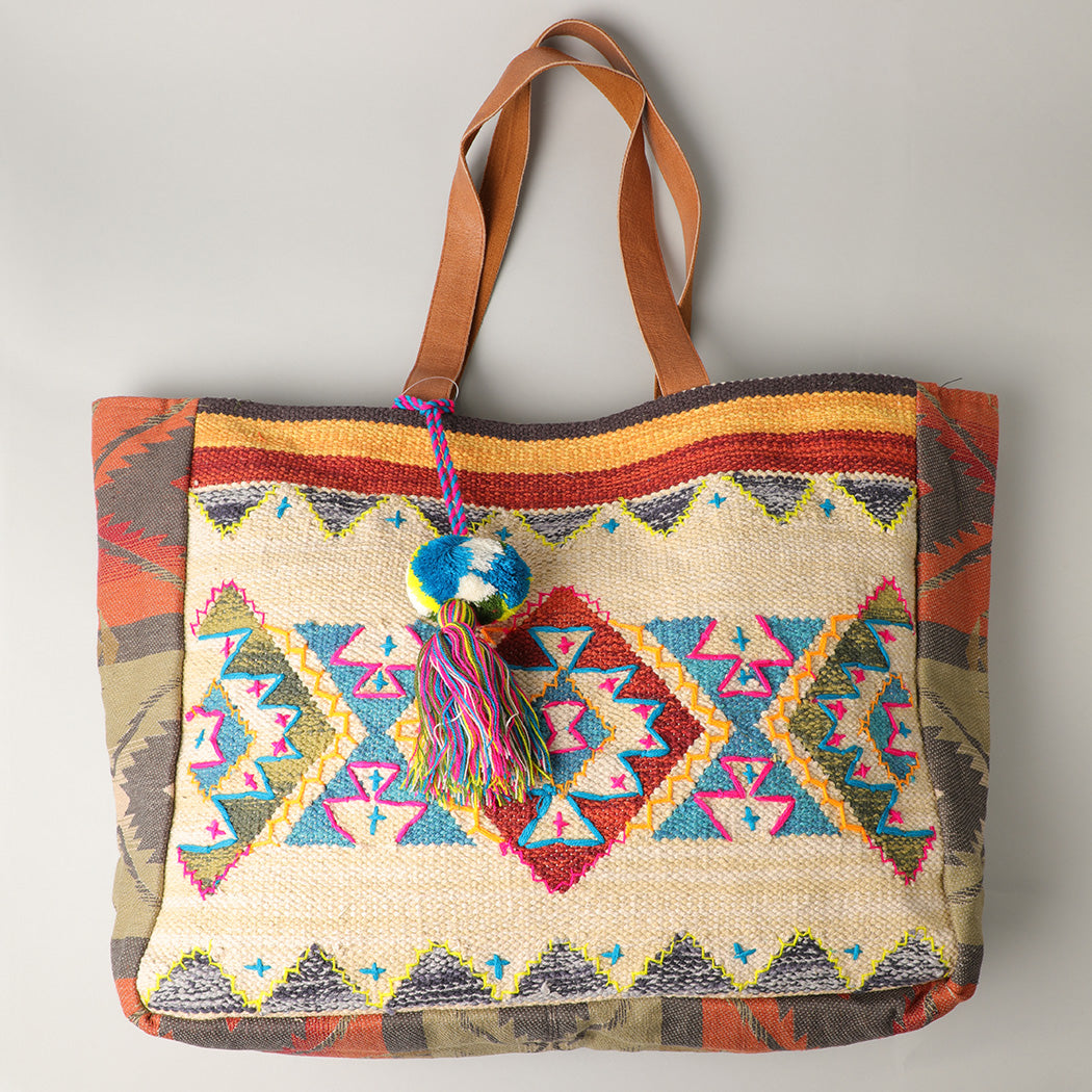 Woven Tote with Yellow Detail and Zip Top - Fashion CITY