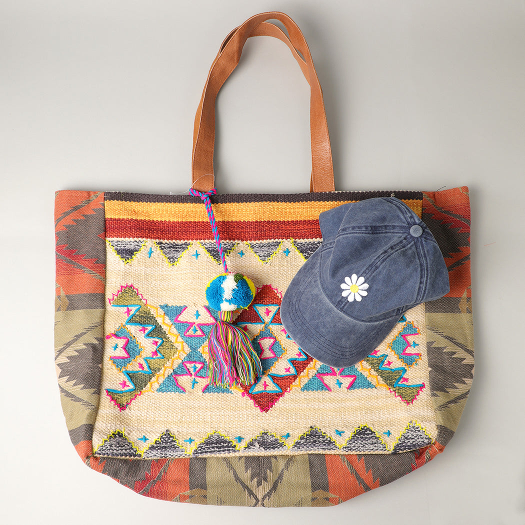Woven Tote with Yellow Detail and Zip Top - Fashion CITY