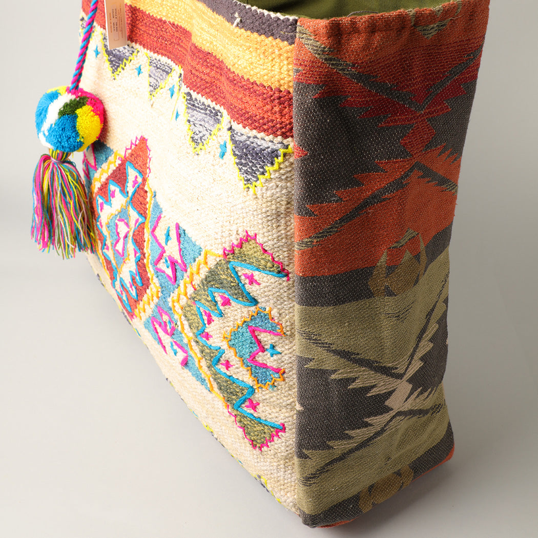 Woven Tote with Yellow Detail and Zip Top - Fashion CITY