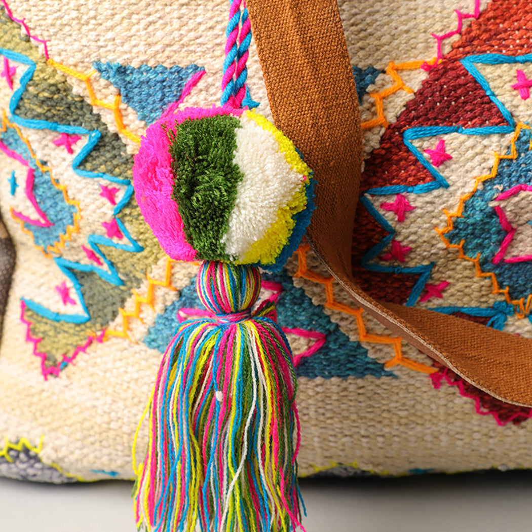 Woven Tote with Yellow Detail and Zip Top - Fashion CITY