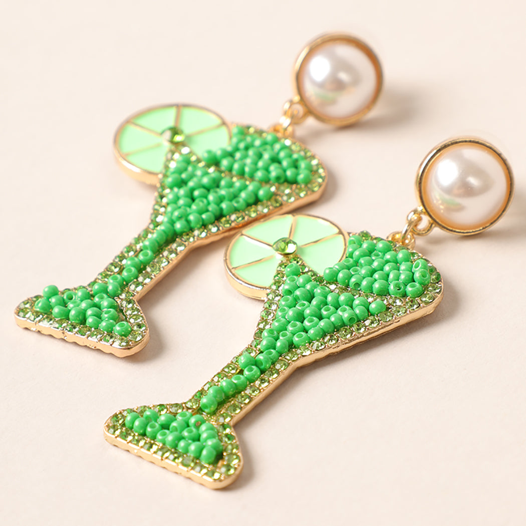 Green Cocktail Martini Beaded Pearl Earrings - Fashion CITY