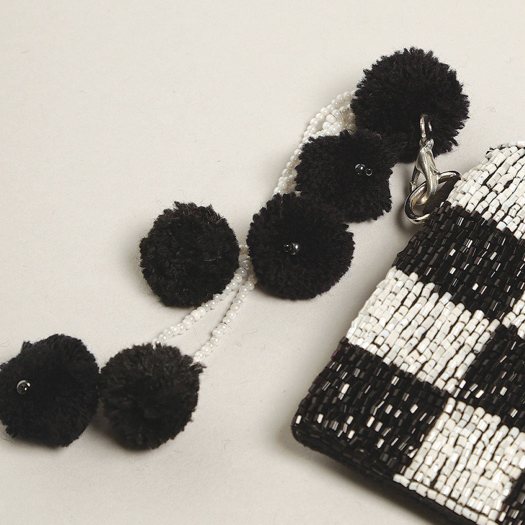 Black/White Checkerboard Seed Bead Coin Purse with Pom Pom